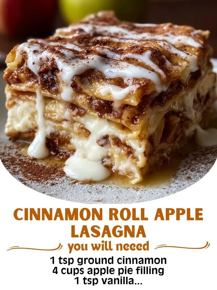 Delicious cinnamon roll apple lasagna with layers of cinnamon rolls and spiced apples