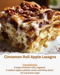 Delicious Cinnamon Roll Apple Lasagna topped with caramel and apple slices