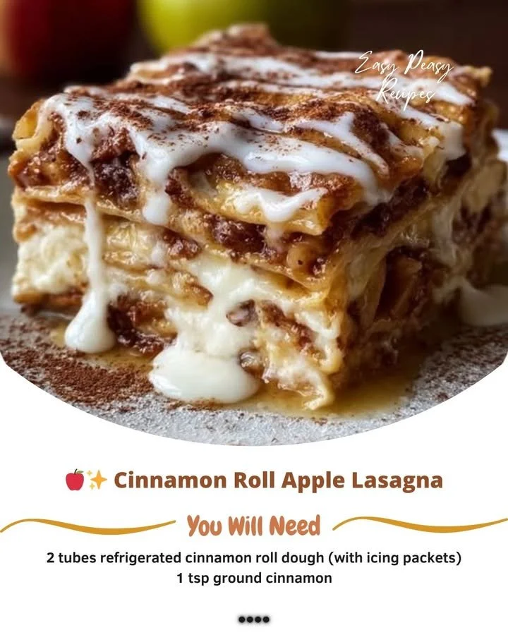 Delicious cinnamon roll apple lasagna baked with sweet apple layers and cinnamon rolls.