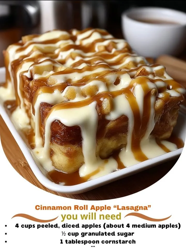 Delicious cinnamon roll apple lasagna dessert topped with apples and cinnamon