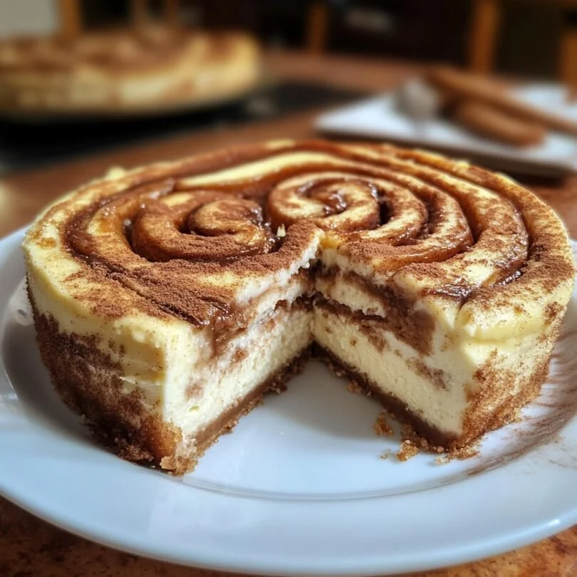 Delicious homemade Cinnamon Roll Cheesecake topped with cinnamon and cream.
