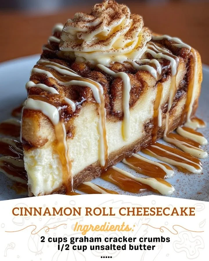 Delicious cinnamon roll cheesecake topped with swirls of icing and cinnamon.