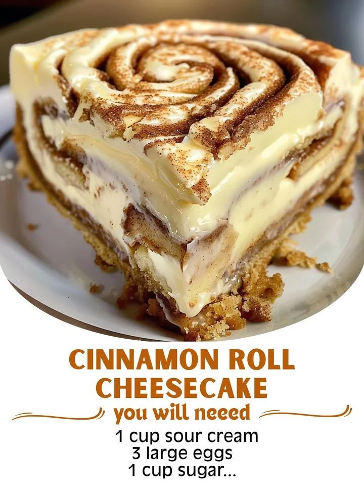 A slice of cinnamon roll cheesecake with swirls of cinnamon and cream cheese frosting.