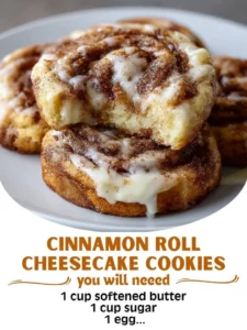 Cinnamon roll cheesecake cookies with creamy filling and cinnamon swirls.