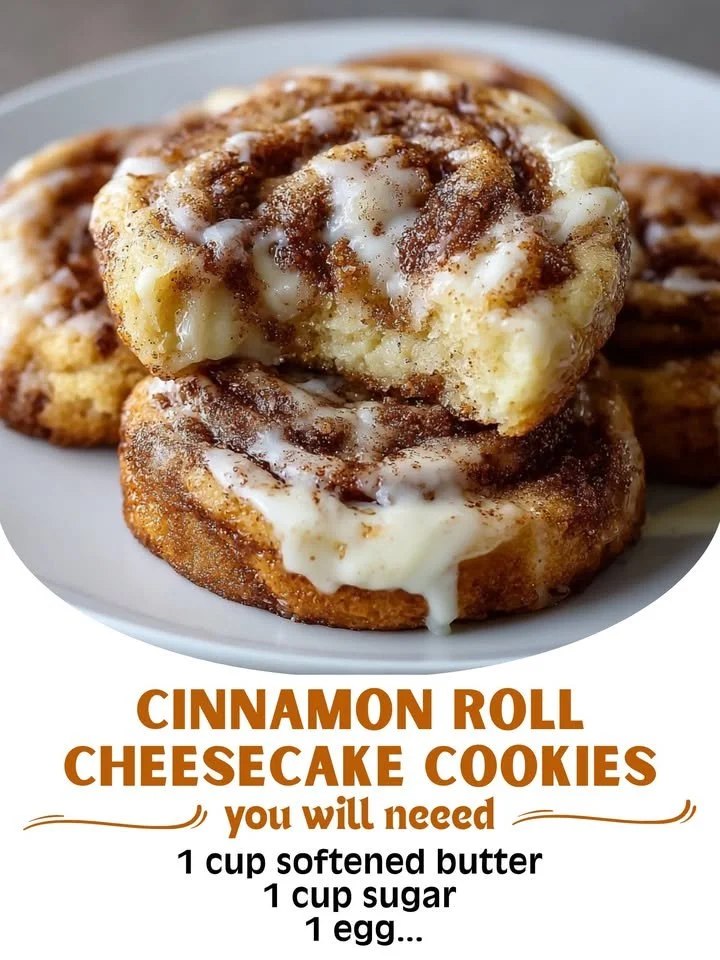 Cinnamon roll cheesecake cookies with creamy filling and cinnamon swirls.