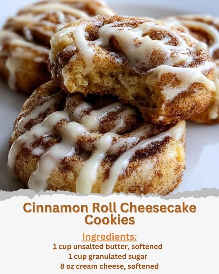 Delicious cinnamon roll cheesecake cookies with a creamy cheesecake center.