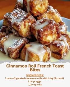 Delicious cinnamon roll French toast bites topped with icing and cinnamon.