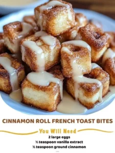 Cinnamon roll french toast bites topped with icing and cinnamon
