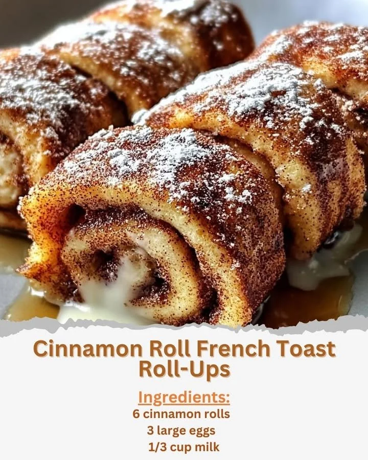 Cinnamon roll French toast roll-ups drizzled with icing and served on a plate