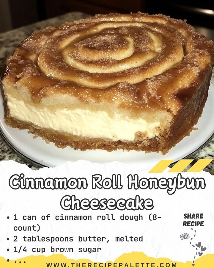 Delicious Cinnamon Roll Honeybun Cheesecake topped with a cinnamon swirl