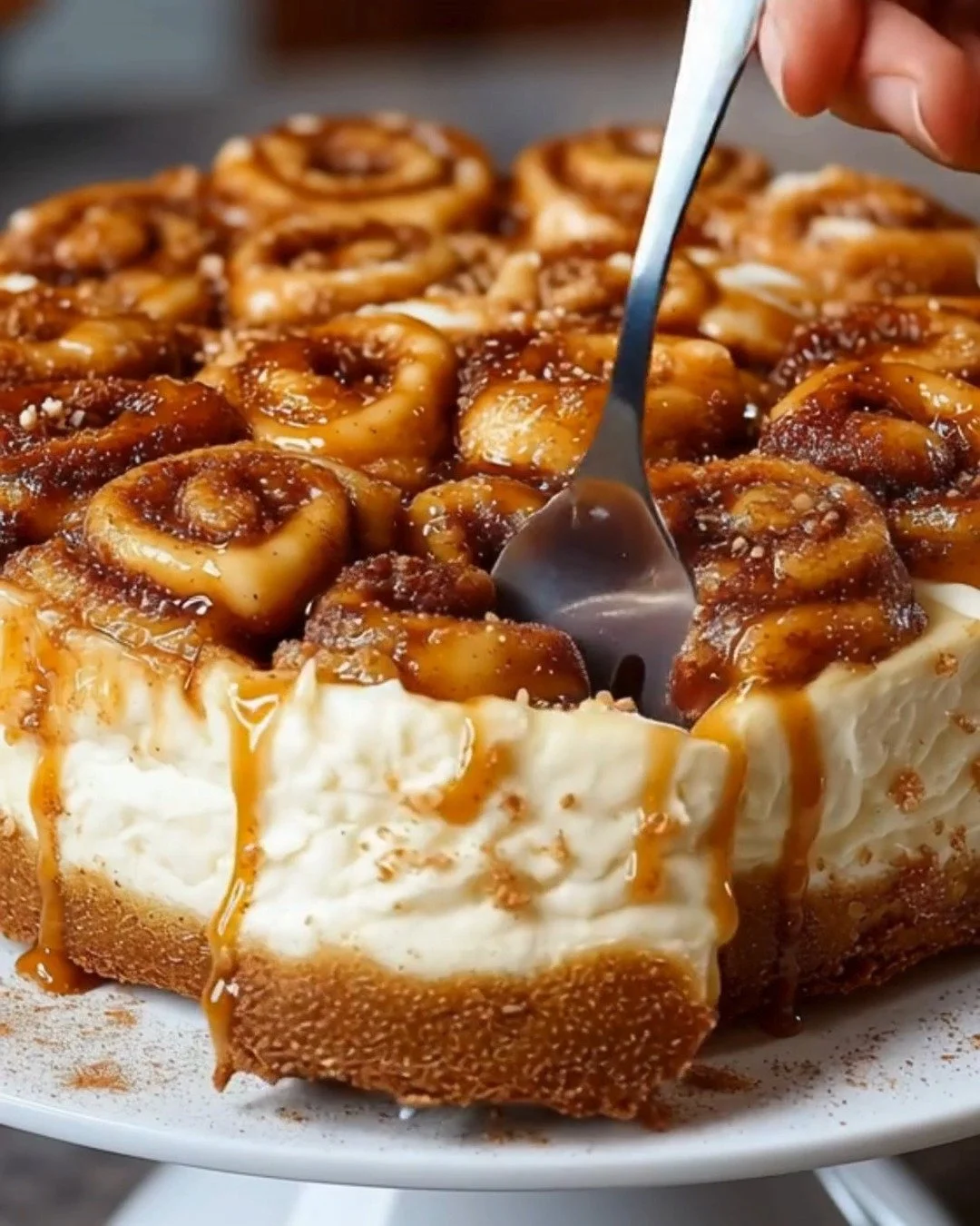 Delicious cinnamon roll honeybun cheesecake topped with cream cheese frosting.