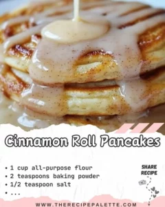 Fluffy cinnamon roll pancakes drizzled with icing on a plate