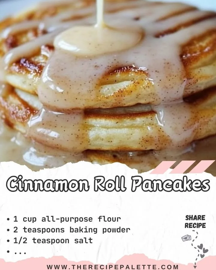 Fluffy cinnamon roll pancakes drizzled with icing on a plate