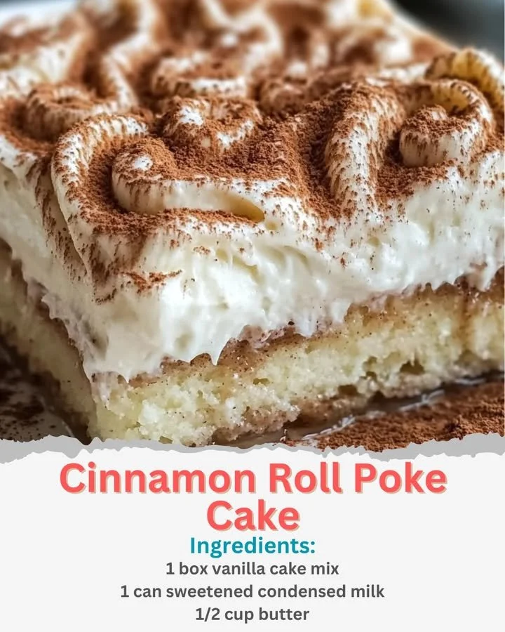 Delicious cinnamon roll poke cake topped with cream cheese frosting and cinnamon swirls.