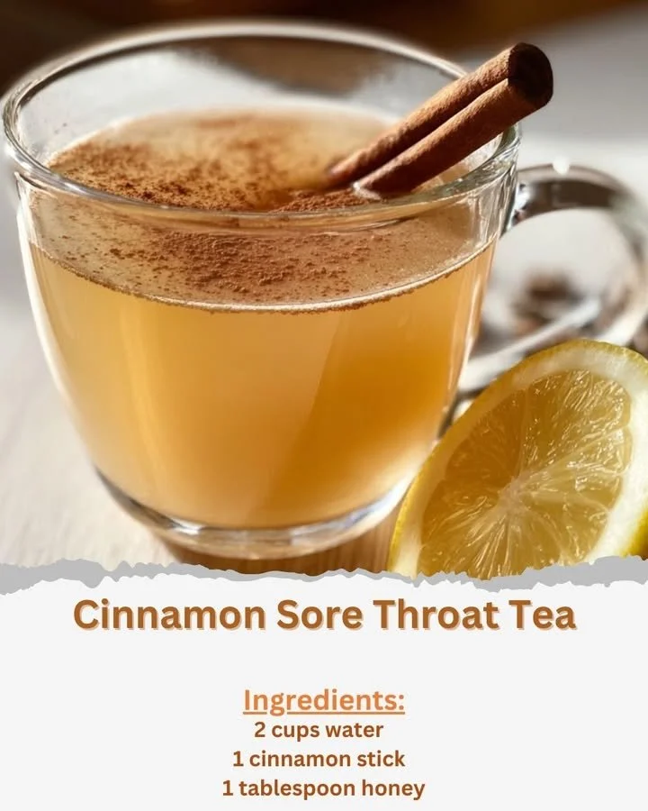 Cinnamon Sore Throat Tea in a steaming mug with cinnamon sticks and lemon.