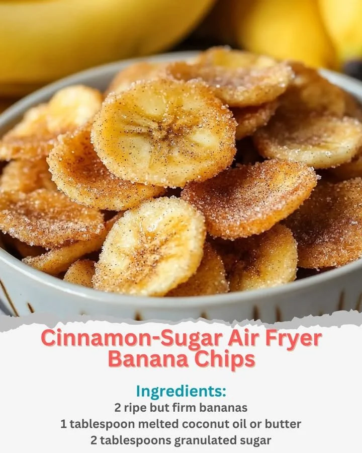 Cinnamon-sugar air fryer banana chips on a white plate