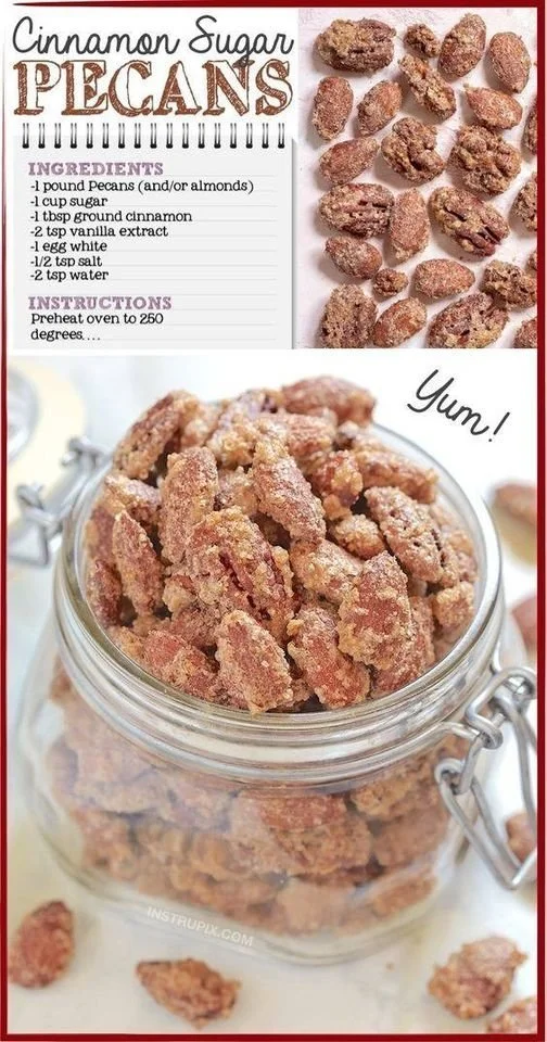 Bowl of Cinnamon Sugar Pecans with a sprinkle of cinnamon and sugar