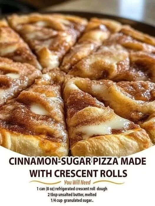 Delicious cinnamon-sugar pizza made with crescent rolls, topped with sweet cinnamon topping