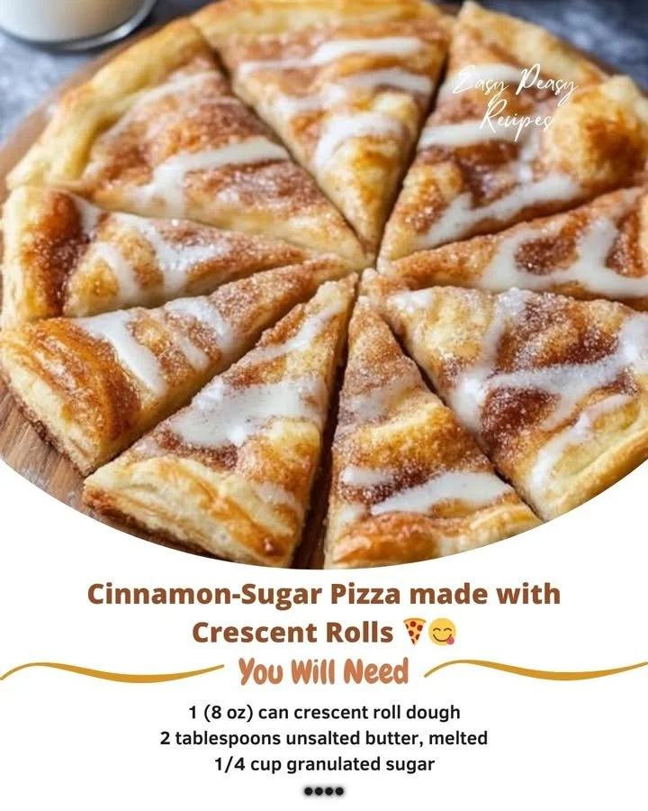 Cinnamon-Sugar Pizza made with Crescent Rolls, sprinkled with sweet cinnamon and sugar.