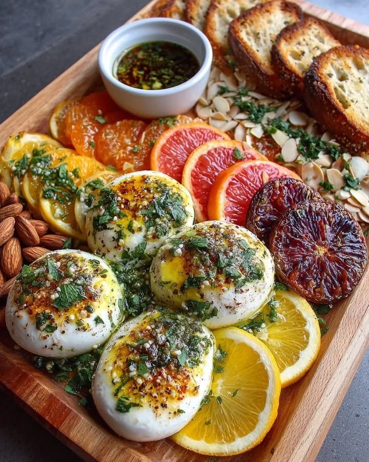 Citrus and burrata grazing board with honeyed almonds and herb oil pour