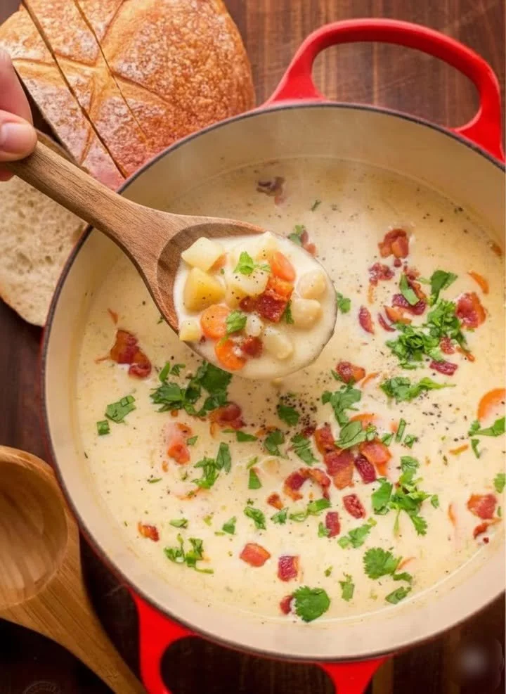 Delicious homemade clam chowder served in a bowl with fresh herbs and crackers.