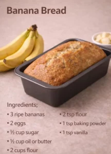 Loaf of classic banana bread fresh out of the oven, sliced and ready to serve.