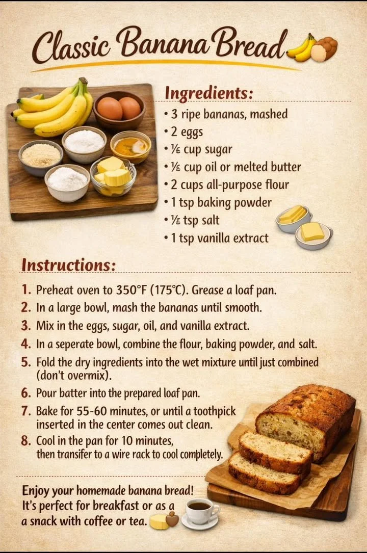 Loaf of classic banana bread with sliced pieces on a wooden cutting board