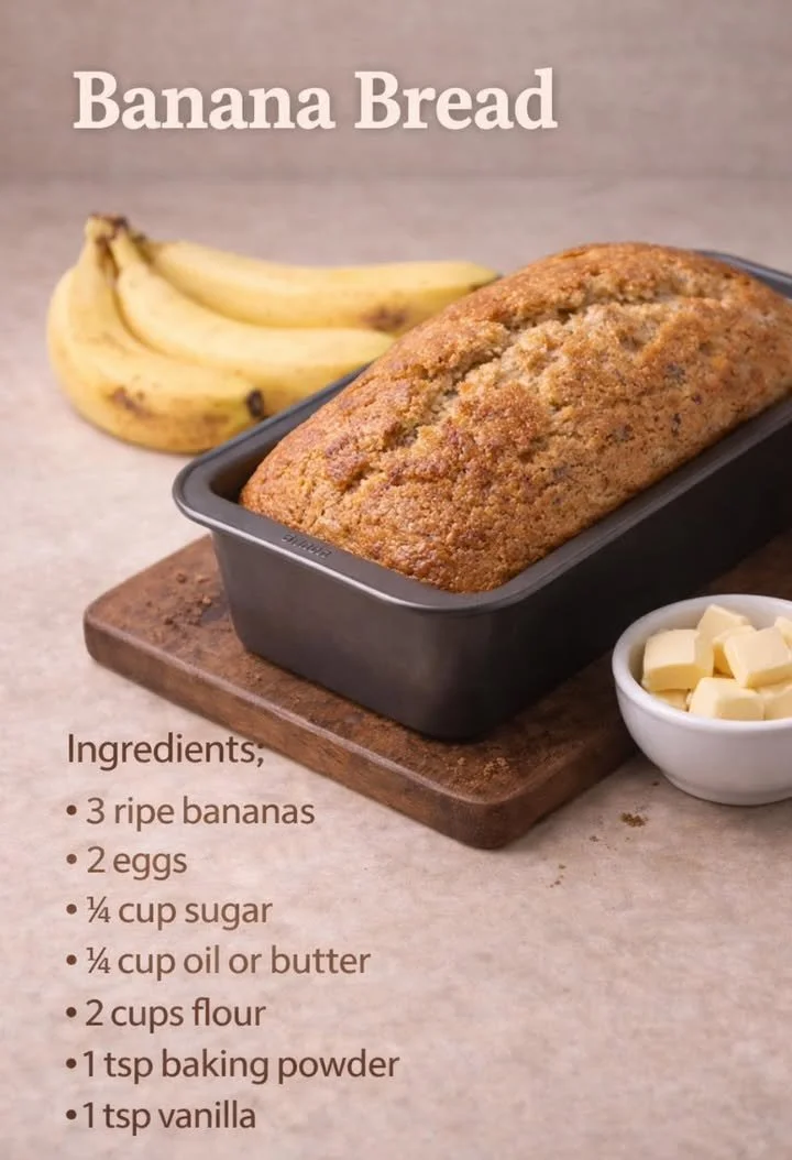 Loaf of classic banana bread with slices on a cutting board