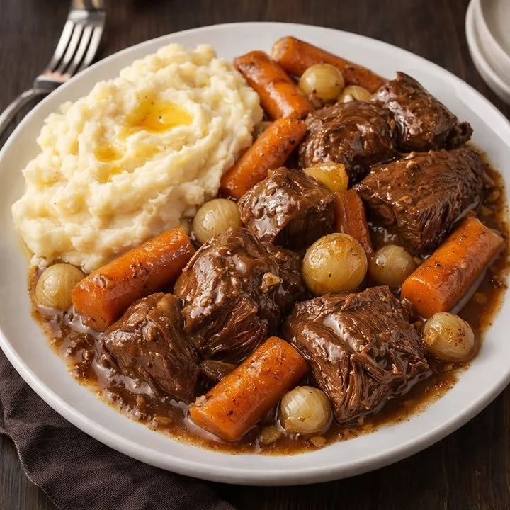 Classic beef pot roast served with assorted vegetables