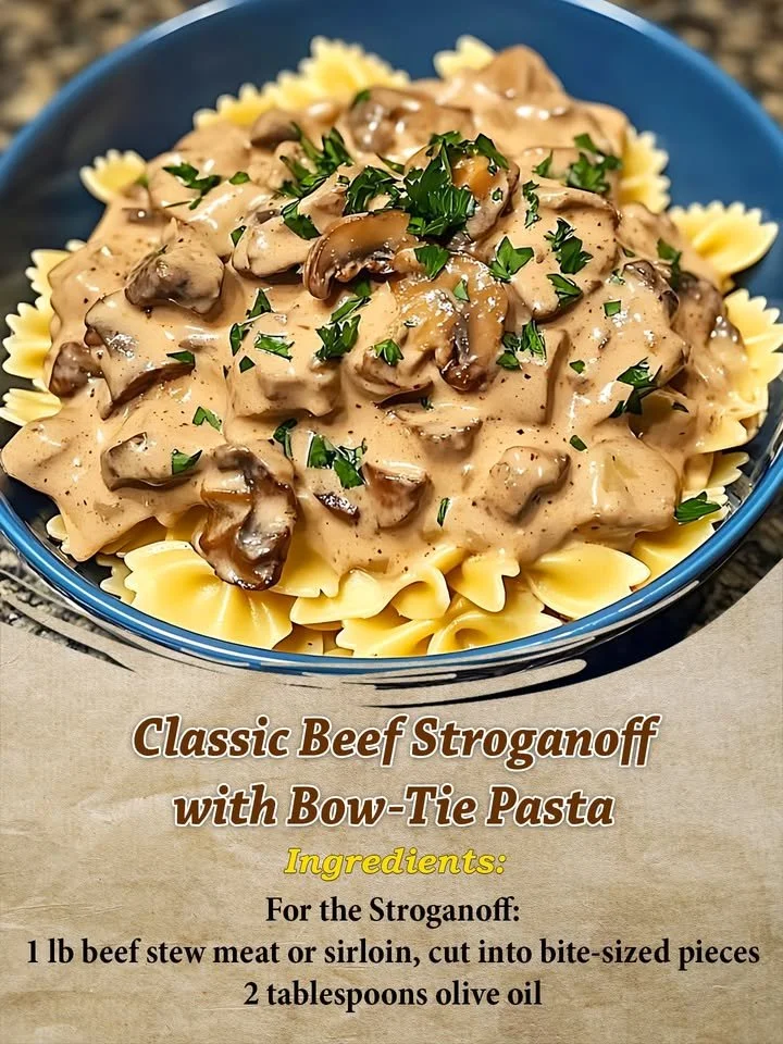 Bowl of Classic Beef Stroganoff served with Bow-Tie Pasta