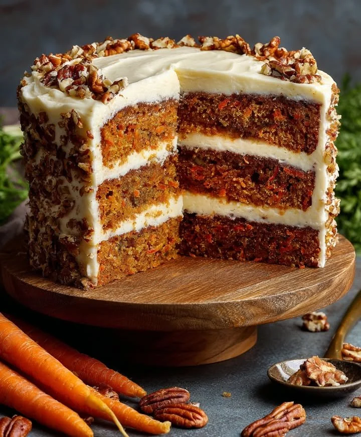 Delicious classic carrot cake with cream cheese frosting and walnuts