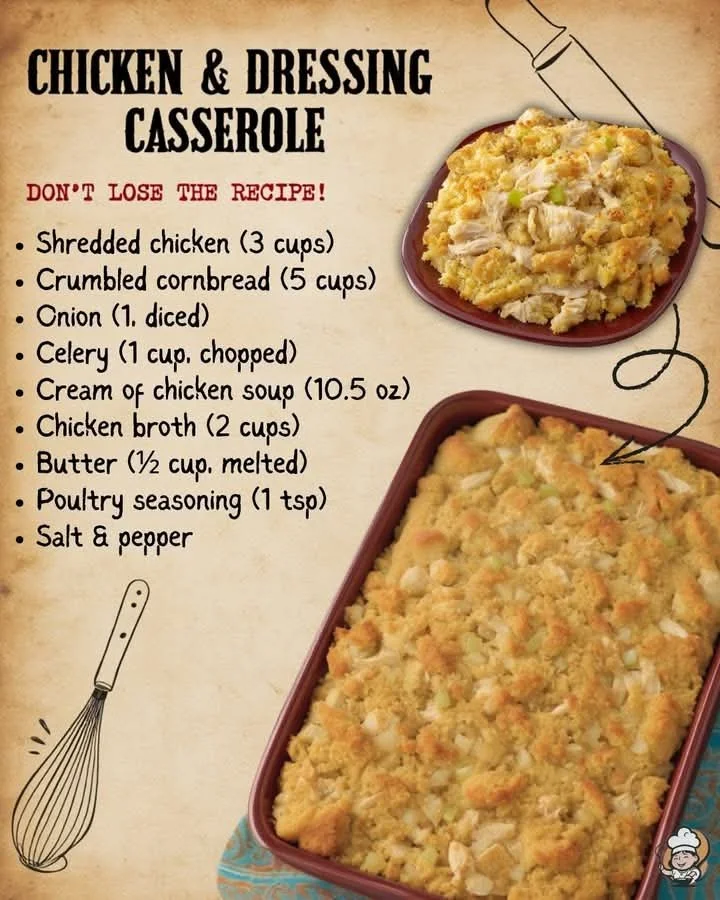 Delicious Classic Chicken & Dressing Casserole baked with savory topping