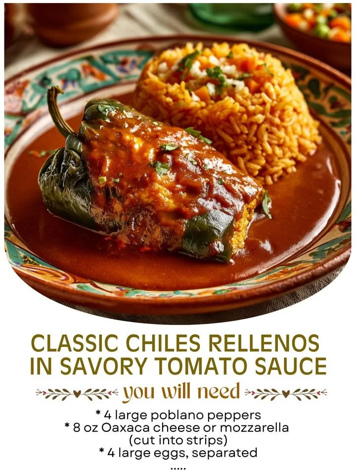 Classic chiles rellenos served in savory tomato sauce, a traditional Mexican dish