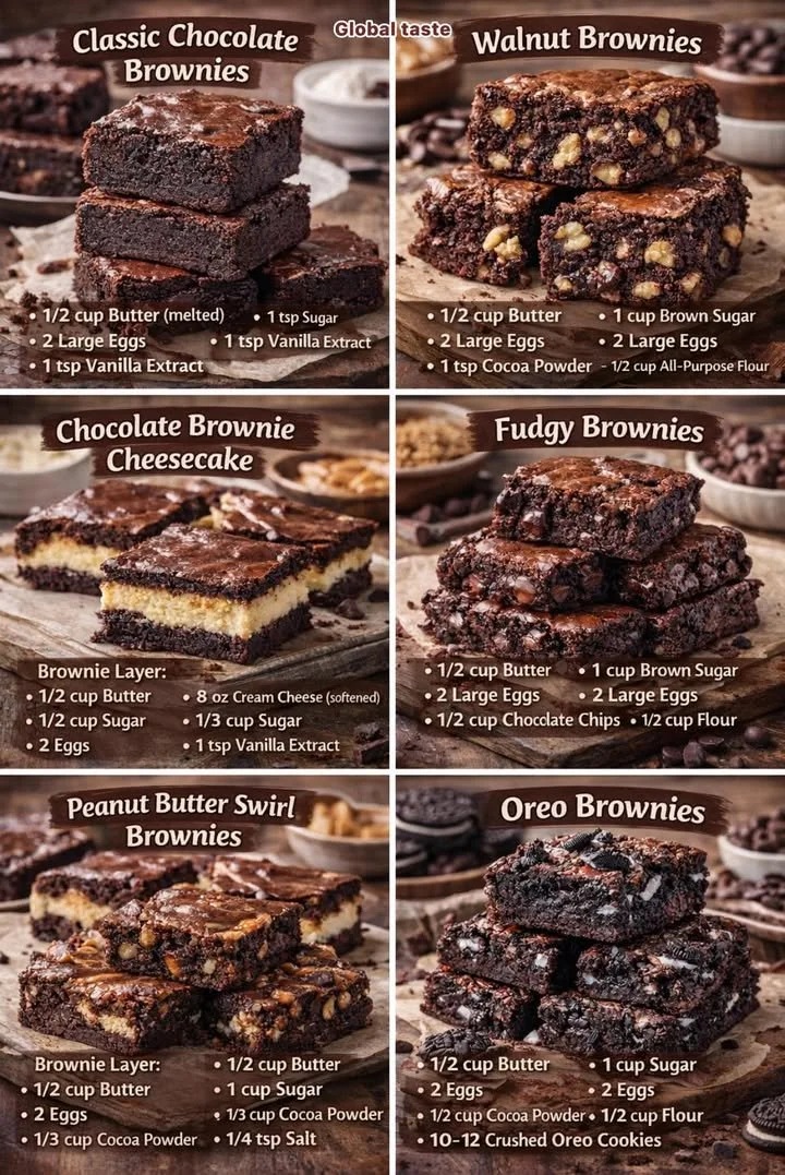 Delicious classic chocolate brownies on a plate with chocolate drizzle