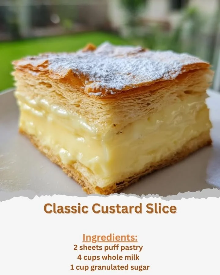 Delicious classic custard slice with creamy filling and flaky pastry