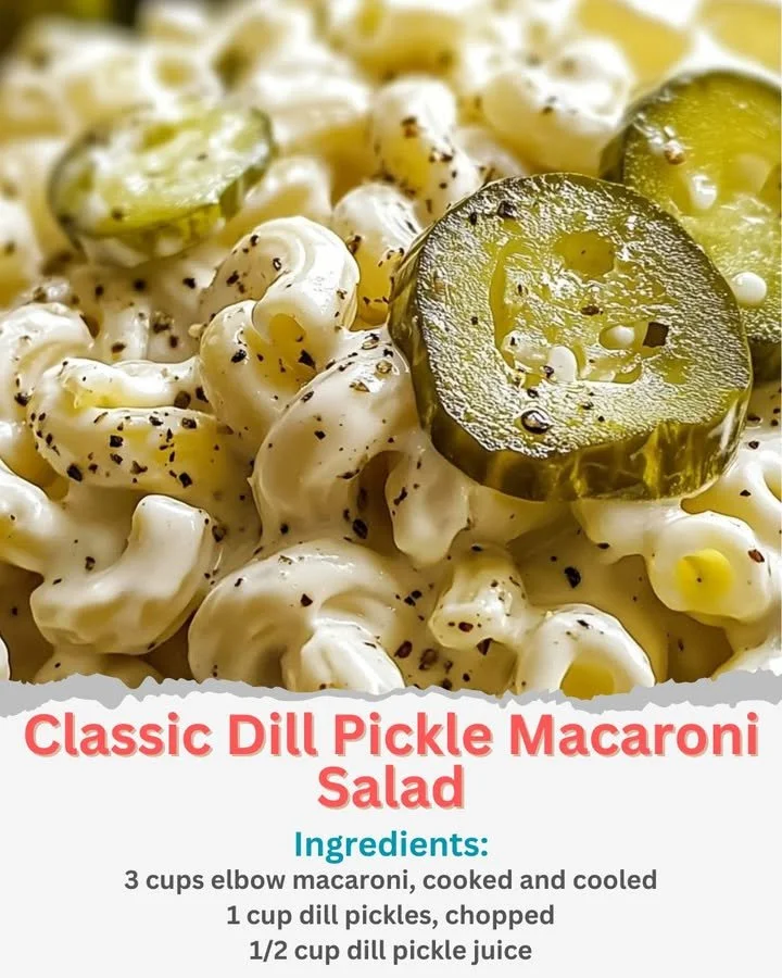 Classic Dill Pickle Macaroni Salad in a bowl with fresh herbs