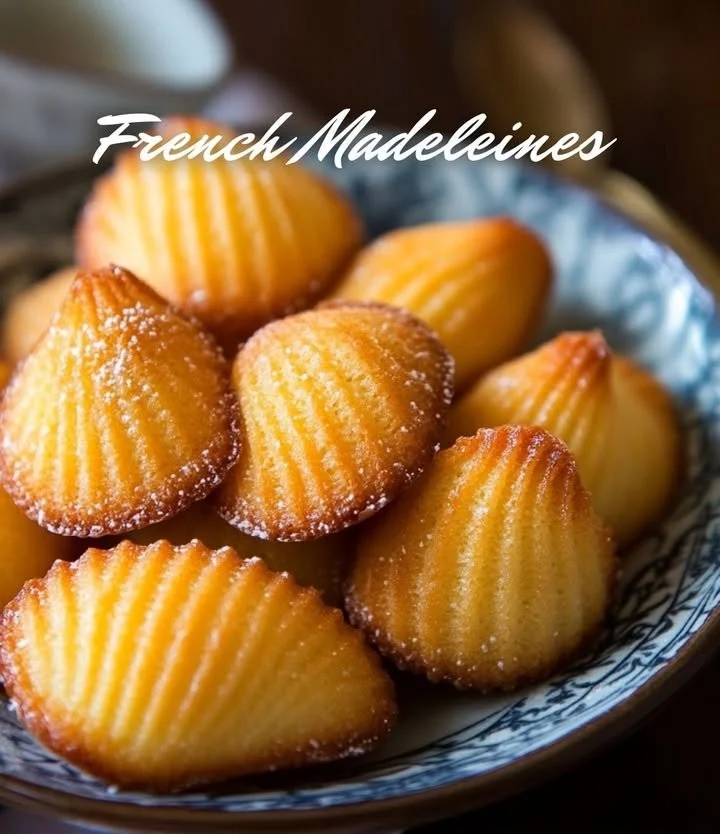 Perfectly baked classic French madeleines on a decorative plate