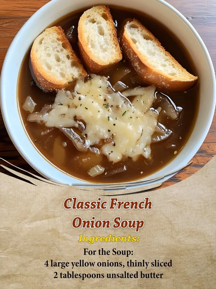 Bowl of Classic French Onion Soup topped with melted cheese and herbs