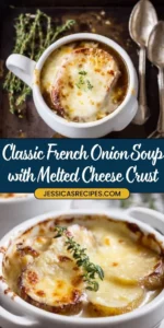 Classic French onion soup topped with melted cheese in a rustic bowl