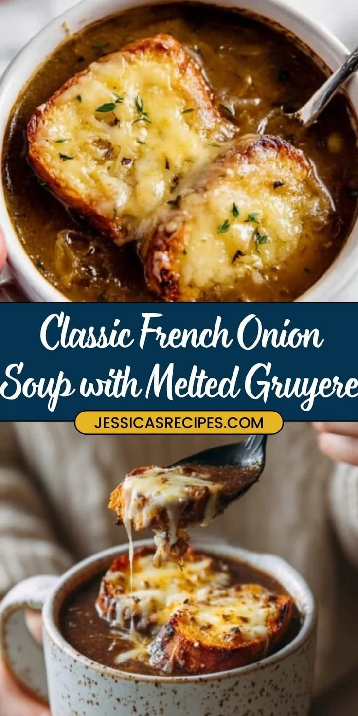 Bowl of Classic French Onion Soup topped with Gruyere cheese