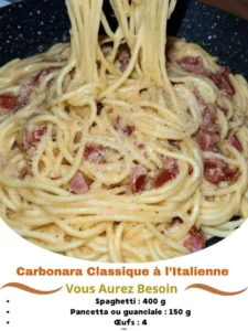 Plate of Classic Italian Carbonara with cheese and pancetta