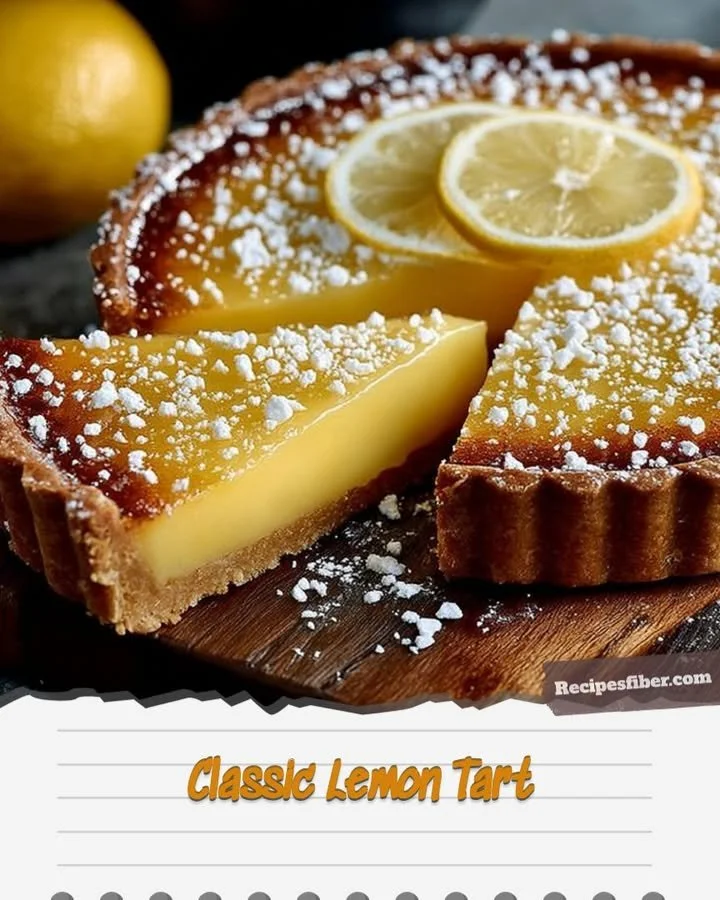 Classic lemon tart with a smooth filling and golden crust, garnished with lemon slices