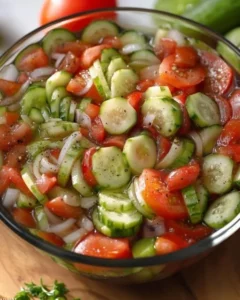 Classic Marinated Cucumber, Tomato, and Onion Salad served in a bowl.