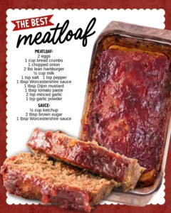 Homemade classic meatloaf served with mashed potatoes and green beans