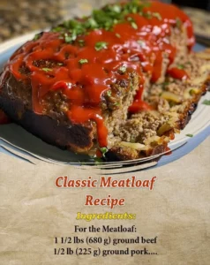 Classic meatloaf dish served with mashed potatoes and green beans.