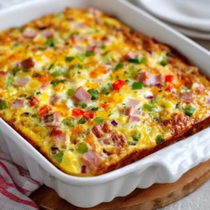 Classic no-crust ham, cheese, and veggie breakfast casserole fresh out of the oven.
