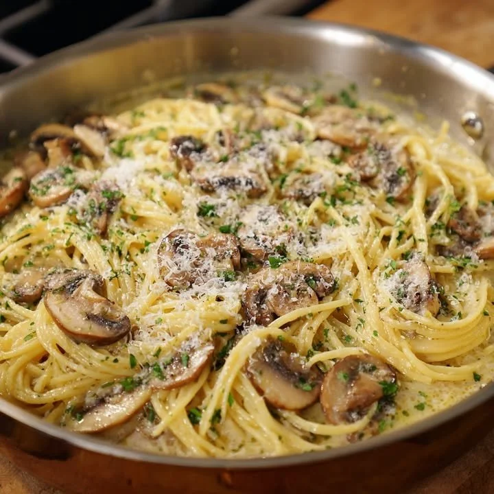 Delicious one-pot parmesan mushroom pasta served in a bowl