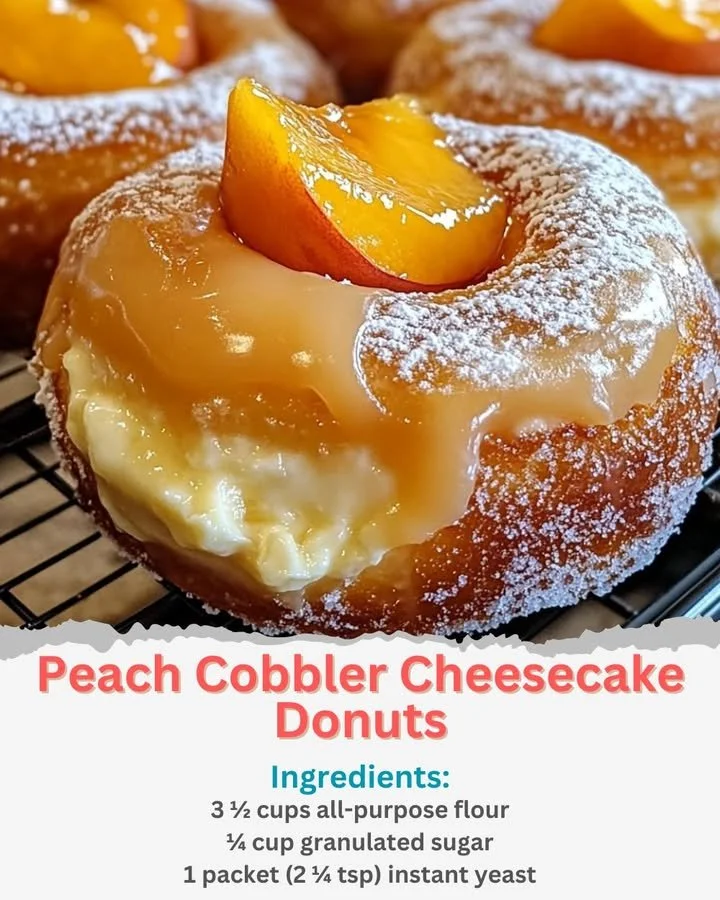 Delicious classic peach cobbler cheesecake donuts on a rustic wooden background