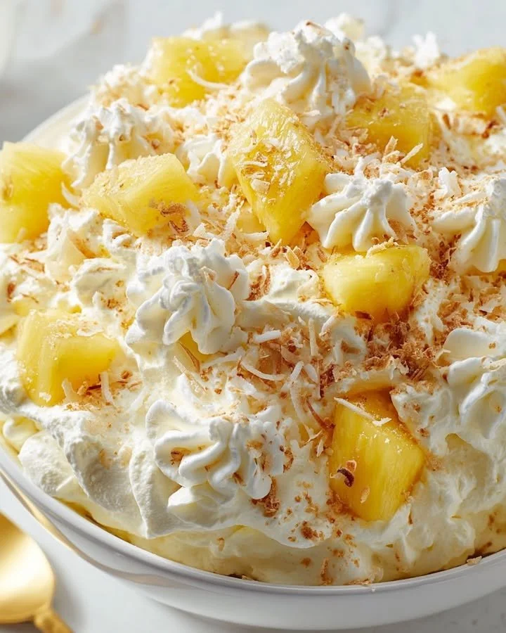 Delicious Classic Pineapple Fluff dessert in a serving bowl