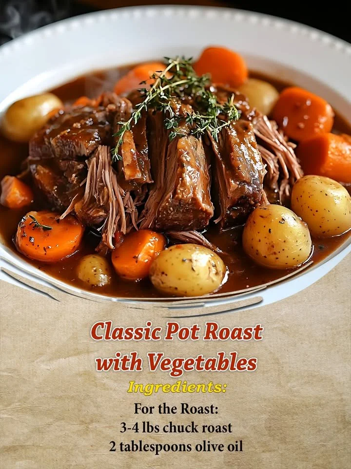 Classic pot roast with carrots and potatoes in a serving dish